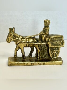 Vintage Brass Irish Donkey & Cart Figuring Door Stop Ireland Heavy Cast Metal